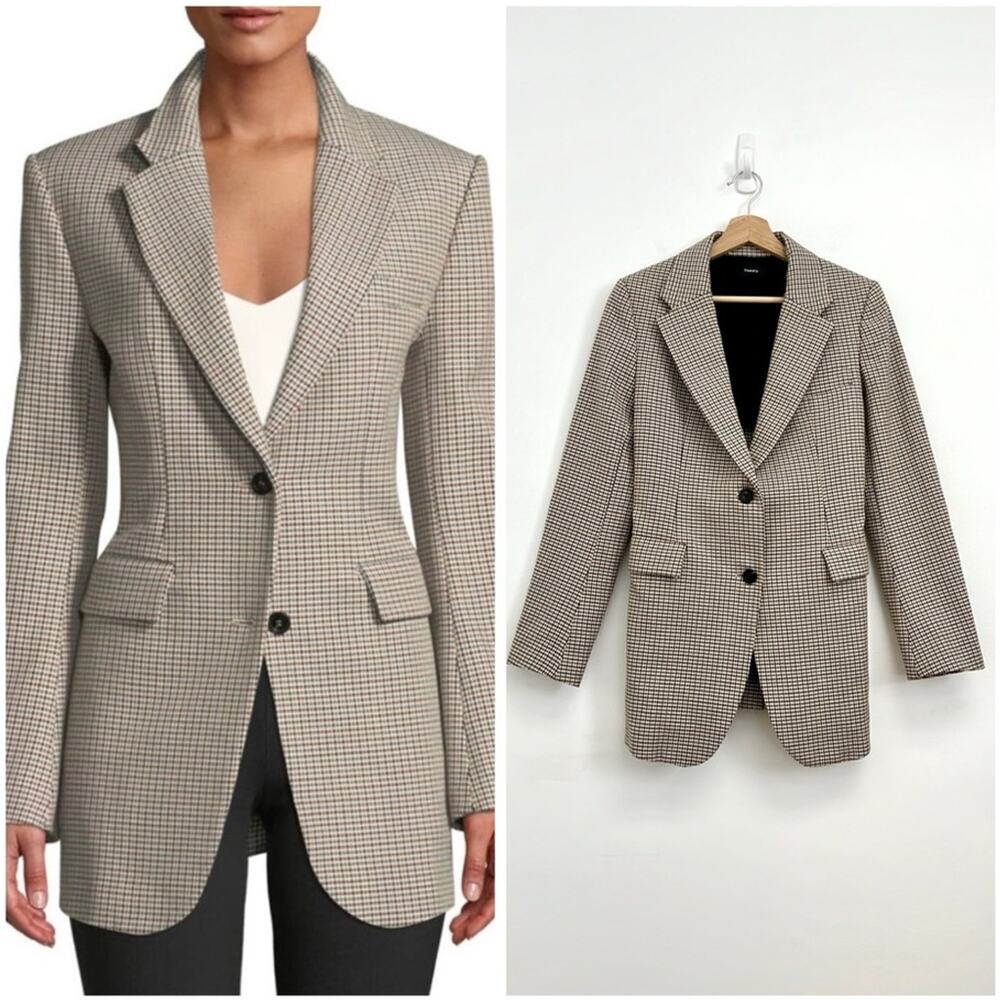 Theory Super Cinch Fremont Plaid Long-Line Blazer Cotton-Wool Tailored - Size 0